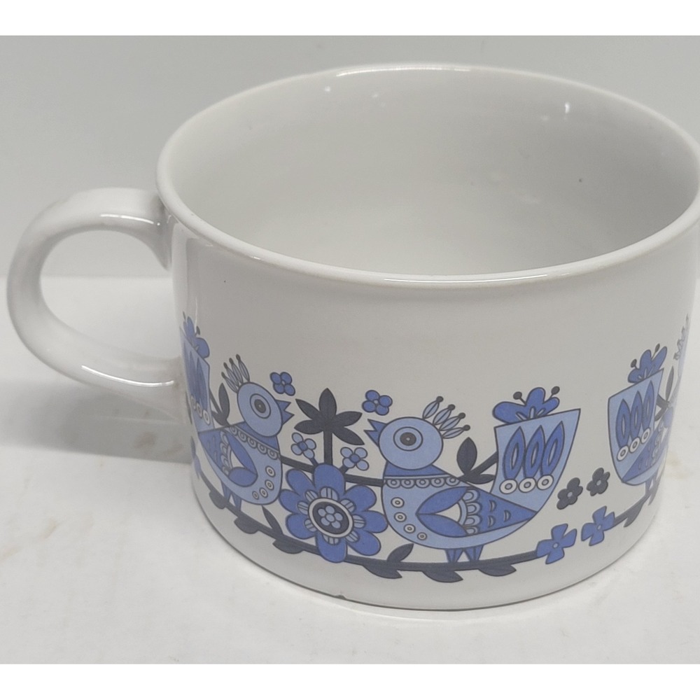 Vintage 1982‎ FTD Blue Folk Art Bird Ceramic Mug Scandinavian Style Soup Cup